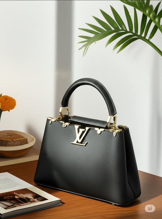Luxury Designer Black Leather Handbag with Gold Hardware – Elegant Top Handle Bag HB05