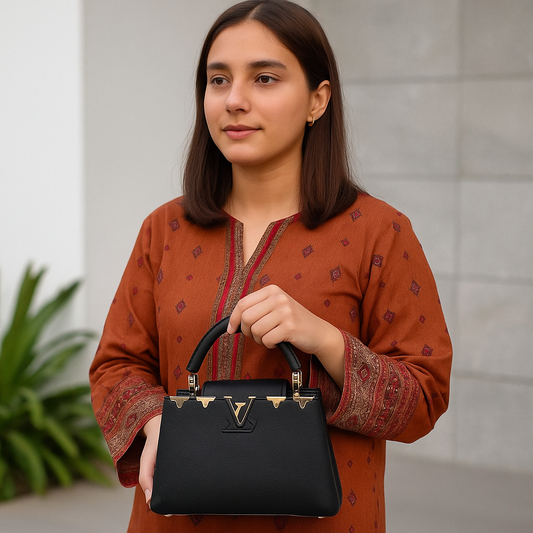 Luxury Designer Black Leather Handbag with Gold Hardware – Elegant Top Handle Bag HB05