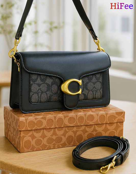Coach Toby Shoulder Bag – Elegant Black Leather Designer Handbag with Signature Canvas and Gold Hardware HB07